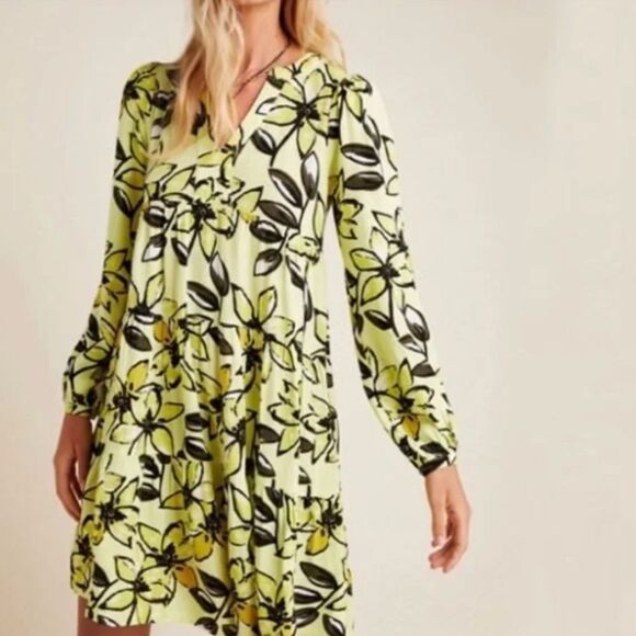Anthropologie Maeve Yellow and Black Floral Dress, Size LP, NWT - Picture 1 of 12